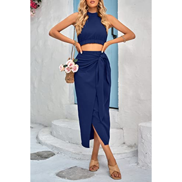 CFLONGE Women's Halter Crop Top & Maxi Skirt Summer Outfit