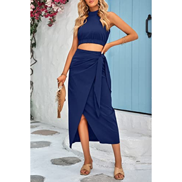 CFLONGE Women's Halter Crop Top & Maxi Skirt Summer Outfit
