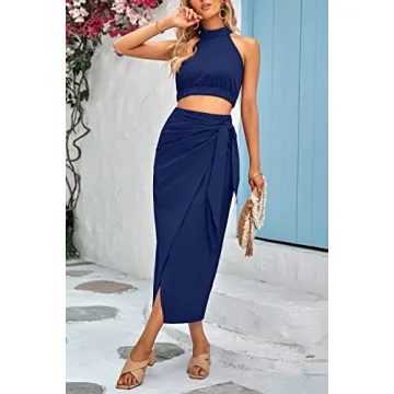 CFLONGE Women's Halter Crop Top & Maxi Skirt Summer Outfit