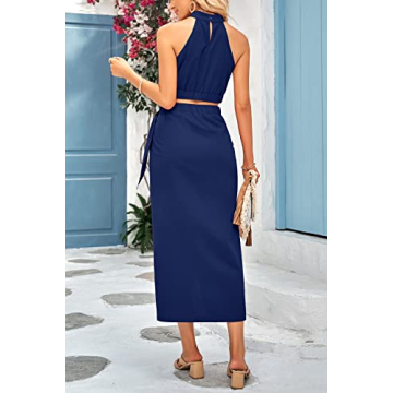 CFLONGE Women's Halter Crop Top & Maxi Skirt Summer Outfit