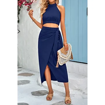 CFLONGE Women's Halter Crop Top & Maxi Skirt Summer Outfit