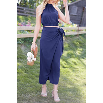 CFLONGE Women's Halter Crop Top & Maxi Skirt Summer Outfit
