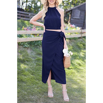CFLONGE Women's Halter Crop Top & Maxi Skirt Summer Outfit
