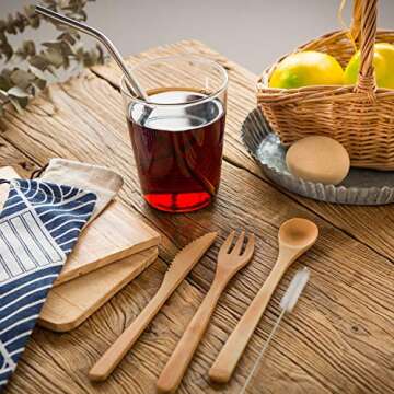 Blulu 2 Set Bamboo Cutlery Set Reusable Bamboo Flatware Set Travel Utensils 7.5 Inches Bamboo Knife, Fork, Spoon, Metal Straw with Clean Brush (Style A)