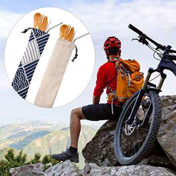 Blulu 2 Set Bamboo Cutlery Set Reusable Bamboo Flatware Set Travel Utensils 7.5 Inches Bamboo Knife, Fork, Spoon, Metal Straw with Clean Brush (Style A)