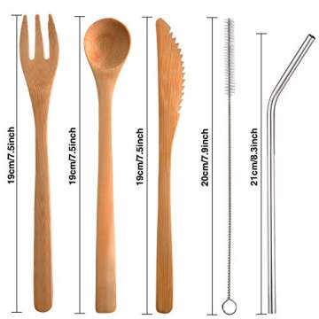 Blulu 2 Set Bamboo Cutlery Set Reusable Bamboo Flatware Set Travel Utensils 7.5 Inches Bamboo Knife, Fork, Spoon, Metal Straw with Clean Brush (Style A)