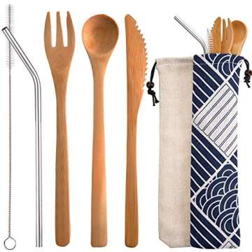 Blulu 2 Set Bamboo Cutlery Set Reusable Bamboo Flatware Set Travel Utensils 7.5 Inches Bamboo Knife, Fork, Spoon, Metal Straw with Clean Brush (Style A)
