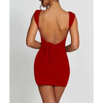 SHESEEWORLD Women's Sexy Summer Sleeveless Tie Waist Back Square Neck Backless Slit Hem Ruched Bodycon Mini Tank Dress Red