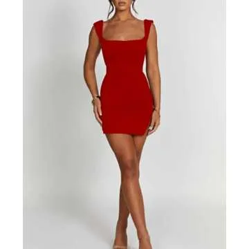 SHESEEWORLD Women's Sexy Summer Sleeveless Tie Waist Back Square Neck Backless Slit Hem Ruched Bodycon Mini Tank Dress Red