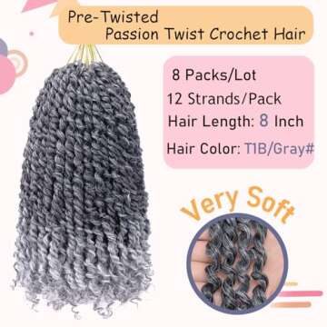 8 Packs Passion Twist Hair 8 Inch Pre-twisted Passion Twist Crochet Hair Pre-looped Crochet Braids for Women Passion Twists Braiding Hair Synthetic Hair Extensions (T1B/Gray#)