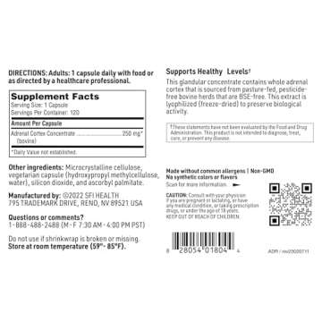 Klaire Labs Adrenal Cortex 250 mg - Adrenal Support Supplements for Cortisol Management - for Women & Men - Gluten-Free, Hypoallergenic (120 Capsules)