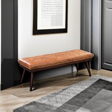 POLY & BARK 55" Tufted Leather Bed Bench for Bedroom End of Bed - Living Room Entry Way Bench - Pure Italian Leather Upholstery with a Solid Wood Frame - Ottoman Bench with Wooden Legs - Cognac Tan