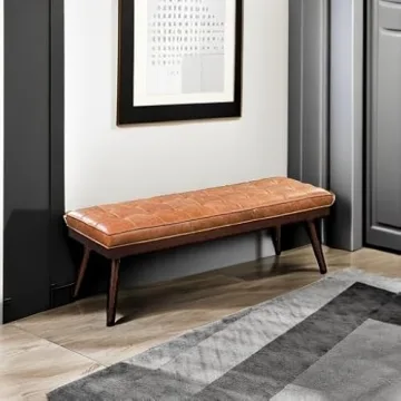 POLY & BARK 55" Tufted Leather Bed Bench for Bedroom End of Bed - Living Room Entry Way Bench - Pure Italian Leather Upholstery with a Solid Wood Frame - Ottoman Bench with Wooden Legs - Cognac Tan