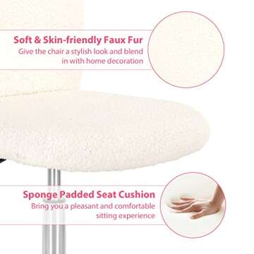 Giantex Faux Fur Office Chair, Armless Home Desk Chair, Height Adjustable Swivel Cute Chair, Middle Back Chair w/Chrome Base, Modern Fuzzy Vanity Chair, Rolling Task Chair for Study Bedroom (Ivory)