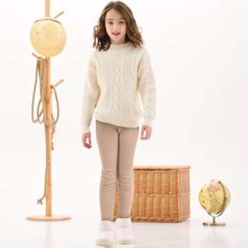 BOOPH Girls Winter Leggings Fleece Lined Kids Basic Pants for 4-5T Beige