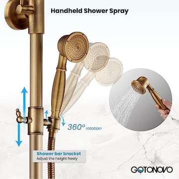gotonovo Exposed Bathroom Shower Faucet with Adjustable Handheld Sprayer in Antique Brass
