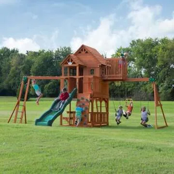 Backyard Discovery, Skyfort II Playground Cedar Wood Swing Set with Playhouse Fort, Sandbox, Picnic ...
