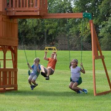 Backyard Discovery, Skyfort II Playground Cedar Wood Swing Set with Playhouse Fort, Sandbox, Picnic Table, Slide, Monkey Bars, Swings, Rock Climber, Outdoor Playset for kids Age 3-10 years