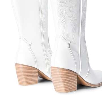 DREAM PAIRS Womens Wide Calf Cowboy Boots Comfortable Pull On Zipper Chunky Heel Pointed Toe Embroidered Western Cowgirl Knee High Boots Girls Ladies Retro Tall Boot,Size 8,White,SDKB224W