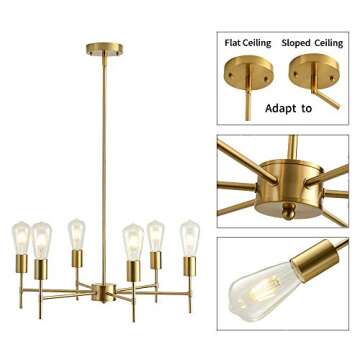 Xilicon Modern Sputnik Chandelier Light Fixture 6 Light Brushed Nickel Mid Century Pendant Lighting Ceiling Light for Dining Room Living Room Hanging