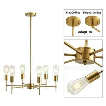 Xilicon Modern Sputnik Chandelier Light Fixture 6 Light Brushed Nickel Mid Century Pendant Lighting Ceiling Light for Dining Room Living Room Hanging