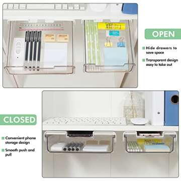 Under Desk Drawer Slide Out with Phone Stand, Clear Plastic Pencil Drawer Under Desk, Add a Drawer T...