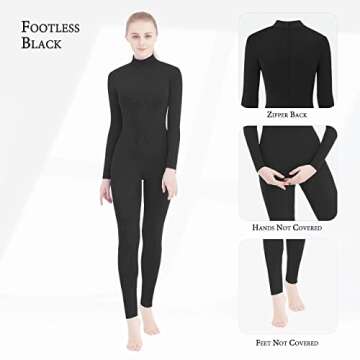 SUPRNOWA Women's Jumpsuit Bodycon Full Body Footless Unitard Long Sleeve Bodysuit with Zipper Comfortable Spandex One-Piece Dance Costume (Small, Black)
