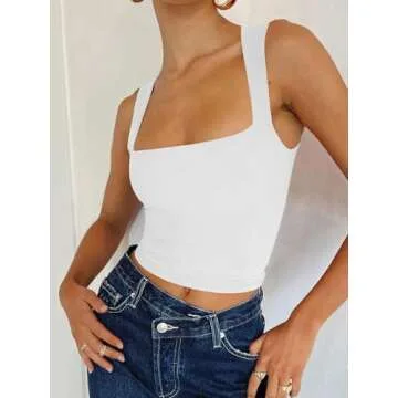 REORIA Women's Summer Tank Crop Tops 2025 Going Out Square Neck Basic Sleeveless Corset Double Lined Party Club Clothes Vacation Outfits White X-Large