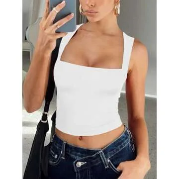 REORIA Women's Summer Tank Crop Tops 2025 Going Out Square Neck Basic Sleeveless Corset Double Lined Party Club Clothes Vacation Outfits White X-Large