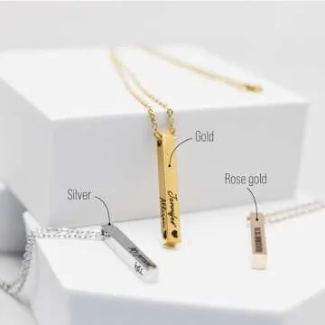 MIA·MIA Personalized Vertical Bar Necklace for Women – Custom Engraved 4-Sided Stainless Steel Nameplate Necklace – Gift for Mother’s Day, Coordinates, Dates, Roman Numerals, Friendship, Christmas