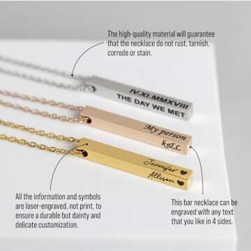 MIA·MIA Personalized Vertical Bar Necklace for Women – Custom Engraved 4-Sided Stainless Steel Nameplate Necklace – Gift for Mother’s Day, Coordinates, Dates, Roman Numerals, Friendship, Christmas