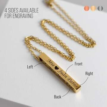 MIA·MIA Personalized Vertical Bar Necklace for Women – Custom Engraved 4-Sided Stainless Steel Nameplate Necklace – Gift for Mother’s Day, Coordinates, Dates, Roman Numerals, Friendship, Christmas