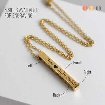 MIA·MIA Personalized Vertical Bar Necklace for Women – Custom Engraved 4-Sided Stainless Steel Nameplate Necklace – Gift for Mother’s Day, Coordinates, Dates, Roman Numerals, Friendship, Christmas