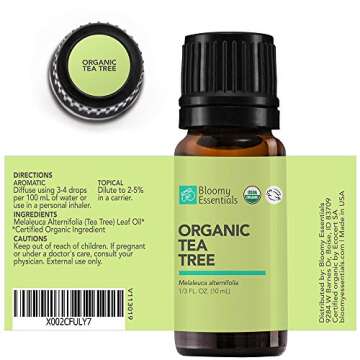 Bloomy Essentials Organic Tea Tree Essential Oil 10 mL - USDA Certified Organic - Hair, Skin, Toenail Fungus, and Acne - 100% Pure