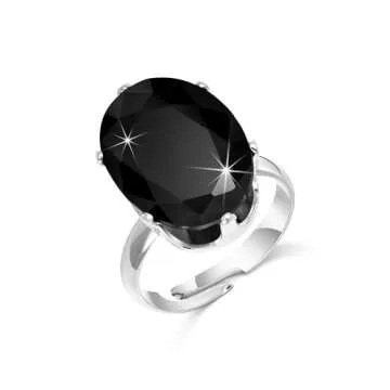 Linawe Black Rings for Women, Cubic Zirconia Imitation Diamond Emo Ring, Silver Crystal Gemstone Birthstone Rhinestone Gothic Chunky Vintage Adjustable Ring Costume Jewelry