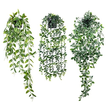 Artificial Hanging Plants, 3 Pack Fake Hanging Plants Potted Greenery Fake Plant Decor Fake Eucalypt...