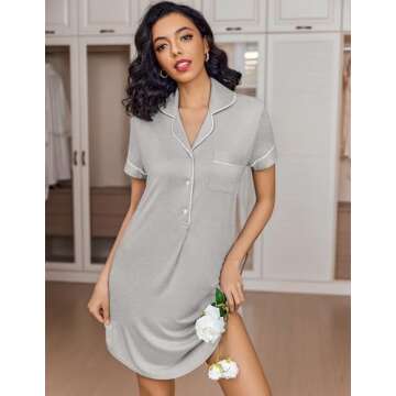 Ekouaer Women's Nightgown Button Down Nightshirt V Neck Sleepshirt Short Sleeve Sleepwear Soft Pajama Dress Light Grey