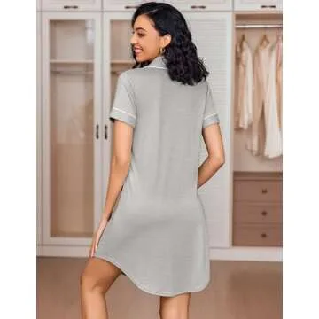 Ekouaer Women's Nightgown Button Down Nightshirt V Neck Sleepshirt Short Sleeve Sleepwear Soft Pajama Dress Light Grey