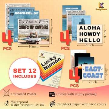 Lucky Numen Set 12 Coastal Cowgirl Wall Art, Coastal Wall Art, Coastal Cowgirl Room Decor, Retro Funky Wall Art, Cowgirl Room Decor, Surf Poster, Cowgirl Art Posters, Coastal Prints [8x10 UNFRAMED]