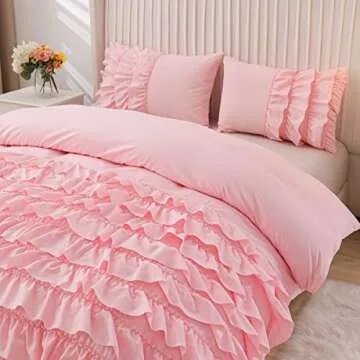 NTBED Ruffled Comforter Set Casual Textured for Girls Kids All Season, Soft Chic Princess Bedding Set with Matching Pillow Shams(Pink,Full)