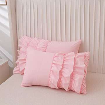 NTBED Ruffled Comforter Set Casual Textured for Girls Kids All Season, Soft Chic Princess Bedding Set with Matching Pillow Shams(Pink,Full)