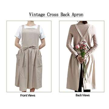 losofar Women Girls Vintage Apron Adjustable Gardening Works Cross Back Cotton/Linen Blend Aprons Pi...