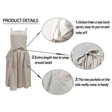 losofar Women Girls Vintage Apron Adjustable Gardening Works Cross Back Cotton/Linen Blend Aprons Pinafore Dress with Two Pockets (beige, one size)