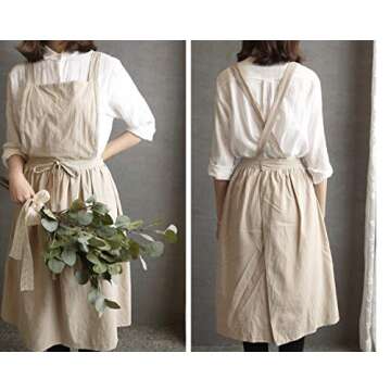losofar Women Girls Vintage Apron Adjustable Gardening Works Cross Back Cotton/Linen Blend Aprons Pinafore Dress with Two Pockets (beige, one size)