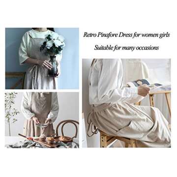 losofar Women Girls Vintage Apron Adjustable Gardening Works Cross Back Cotton/Linen Blend Aprons Pinafore Dress with Two Pockets (beige, one size)