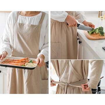 losofar Women Girls Vintage Apron Adjustable Gardening Works Cross Back Cotton/Linen Blend Aprons Pinafore Dress with Two Pockets (beige, one size)