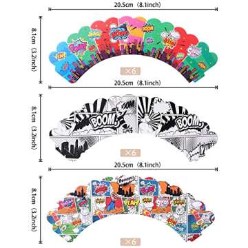 36 PCS Superheros Cupcake Toppers and Wrappers Boom Pow Hero Cupcake Picks for Celebrating Kids Heros Theme Baby Shower Birthday Party Cake Decorations Supplies Colorful