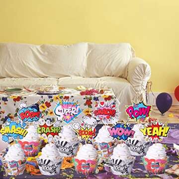 36 PCS Superheros Cupcake Toppers and Wrappers Boom Pow Hero Cupcake Picks for Celebrating Kids Heros Theme Baby Shower Birthday Party Cake Decorations Supplies Colorful