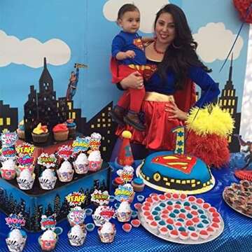 36 PCS Superheros Cupcake Toppers and Wrappers Boom Pow Hero Cupcake Picks for Celebrating Kids Heros Theme Baby Shower Birthday Party Cake Decorations Supplies Colorful