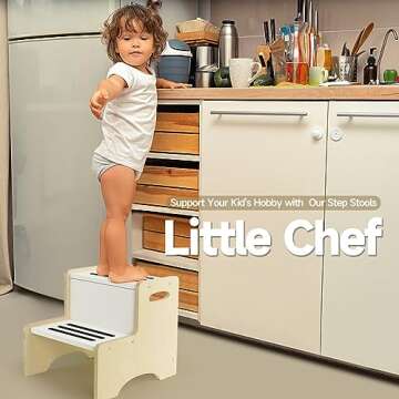 WOOD CITY Kids Step Stool for Toddler, Wooden Natural-White Patchwork Two Step Children's Stool with...